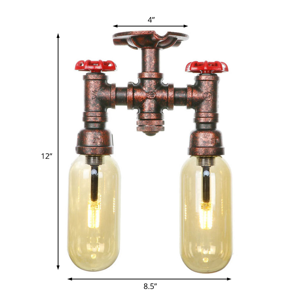 Amber Glass Semi Flush Industrial Dining Room Light Fixture In Weathered Copper - Capsule Shade 2 -