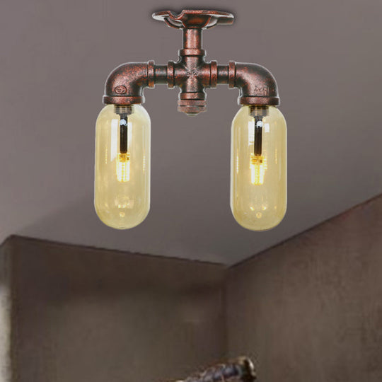 Amber Glass Semi Flush Industrial Dining Room Light Fixture In Weathered Copper - Capsule Shade 2 -
