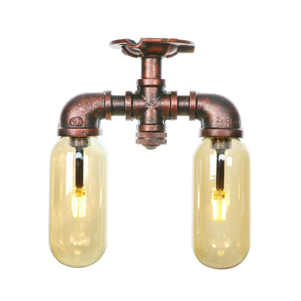 Amber Glass Semi Flush Industrial Dining Room Light Fixture In Weathered Copper - Capsule Shade 2 -