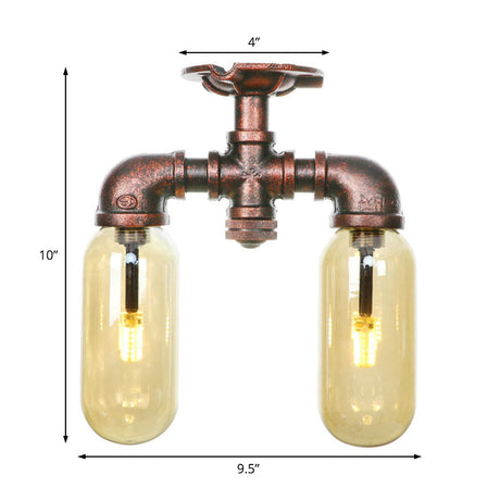 Amber Glass Semi Flush Industrial Dining Room Light Fixture In Weathered Copper - Capsule Shade