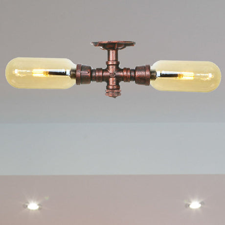 Rustic 2-Bulb Kitchen Ceiling Light With Amber Glass Shade And Weathered Copper Pipe Design