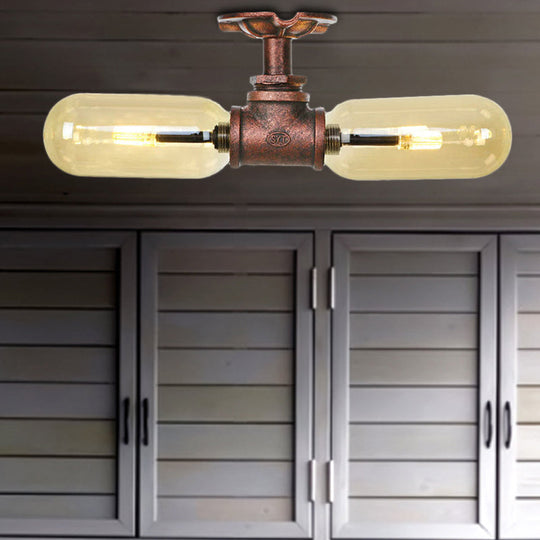 Rustic 2 - Bulb Kitchen Ceiling Light With Amber Glass Shade And Weathered Copper Pipe Design