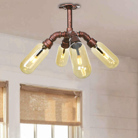 Rustic Amber Glass Sputnik Semi Flush Light - Antique Copper 4/6 Lights Ceiling Mount Weathered / A