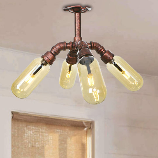 Evelyn’s Antique Copper 4/6 Lights Ceiling Mount Rustic Style Amber Glass Sputnik Semi Flush