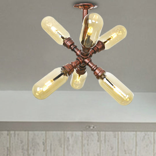 Evelyn’s Antique Copper 4/6 Lights Ceiling Mount Rustic Style Amber Glass Sputnik Semi Flush