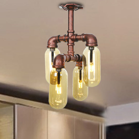 Evelyn’s Antique Copper 4/6 Lights Ceiling Mount Rustic Style Amber Glass Sputnik Semi Flush