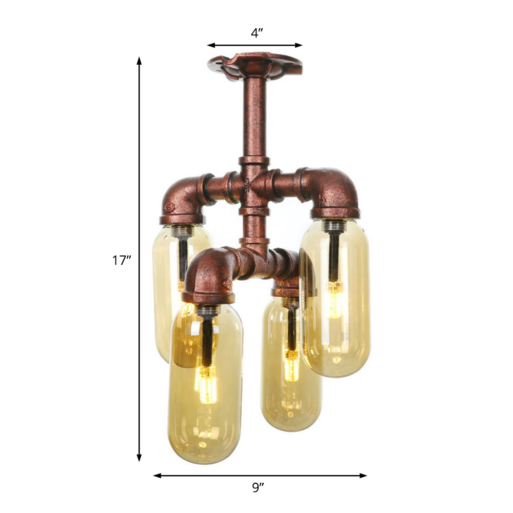 Evelyn’s Antique Copper 4/6 Lights Ceiling Mount Rustic Style Amber Glass Sputnik Semi Flush