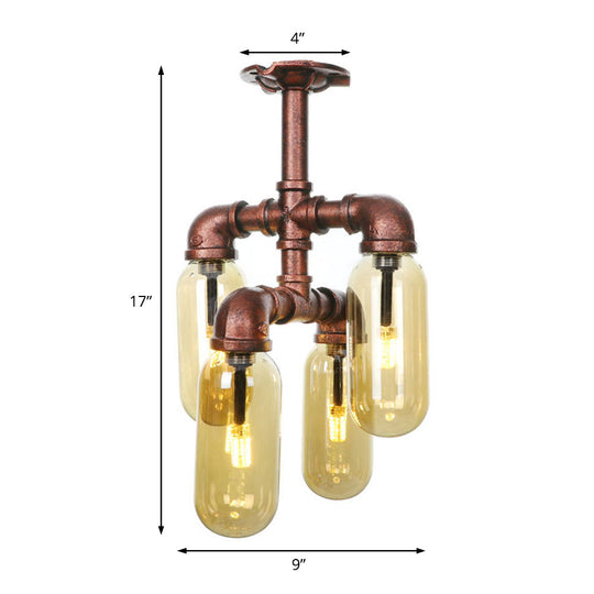 Evelyn’s Antique Copper 4/6 Lights Ceiling Mount Rustic Style Amber Glass Sputnik Semi Flush