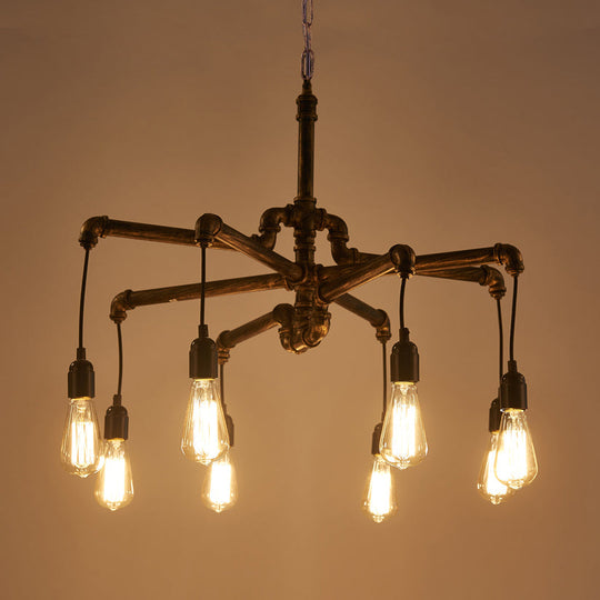 Rustic Aged Silver/Bronze Pipe Chandelier Lamp With Exposed Bulb - 6/8 Heads Indoor Hanging Light