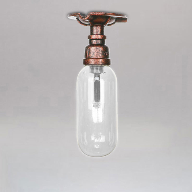 Industrial Bathroom Semi Flush Ceiling Light Fixture With Clear Glass Oval Shade In Weathered