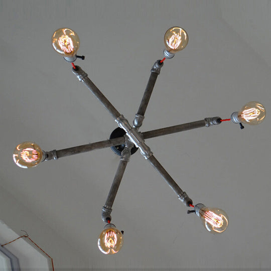 Rustic Aged Silver/Bronze Pipe Chandelier Lamp With Exposed Bulb - 6/8 Heads Indoor Hanging Light