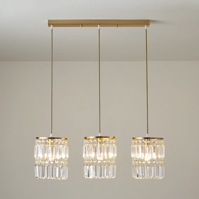 Modern Brass Pendant Ceiling Light With Crystal Prism Cylindrical Design – 3 Heads Round/Linear