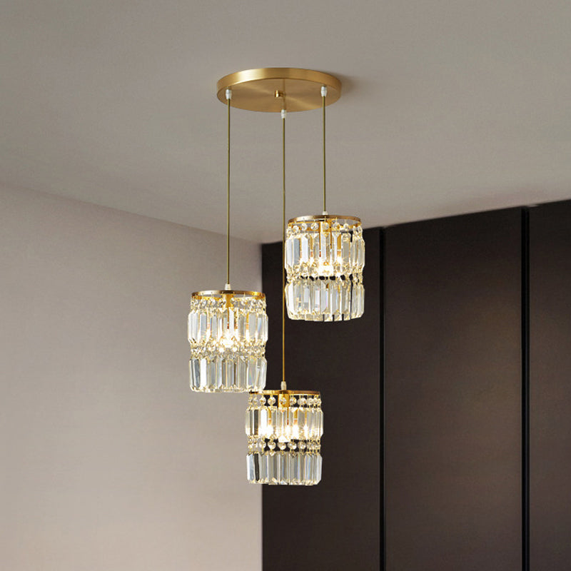 Modern Brass Pendant Ceiling Light With Crystal Prism Cylindrical Design – 3 Heads Round/Linear