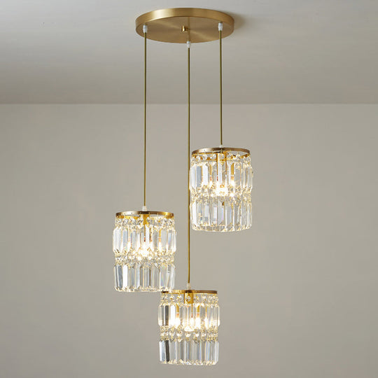 Modern Multi-Pendant Brass Ceiling Light With Crystal Prism Cylinders