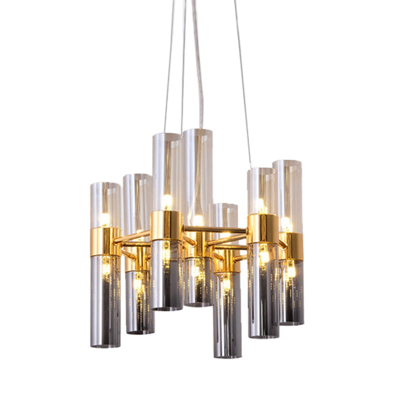 Modern Gold Pipe Chandelier With Smoke Glass Shades - 14/24/26 Lights Pendant For Bedroom