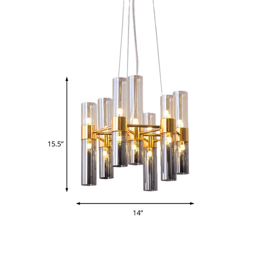 Modern Gold Pipe Chandelier With Smoke Glass Shades - 14/24/26 Lights Pendant For Bedroom