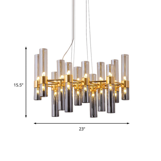 Modern Gold Pipe Chandelier With Smoke Glass Shades - 14/24/26 Lights Pendant For Bedroom