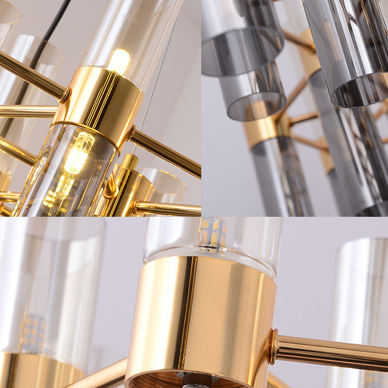 Modern Gold Pipe Chandelier With Smoke Glass Shades - 14/24/26 Lights Pendant For Bedroom