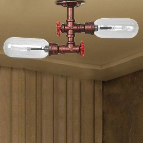 Vintage Clear Glass Semi Flush Light For Living Room With Weathered Copper Finish - 2-Light Ceiling