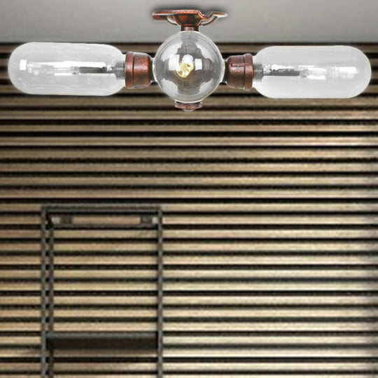 Industrial Weathered Copper Semi Mount Indoor Ceiling Light With Clear Glass And Pipe Design -