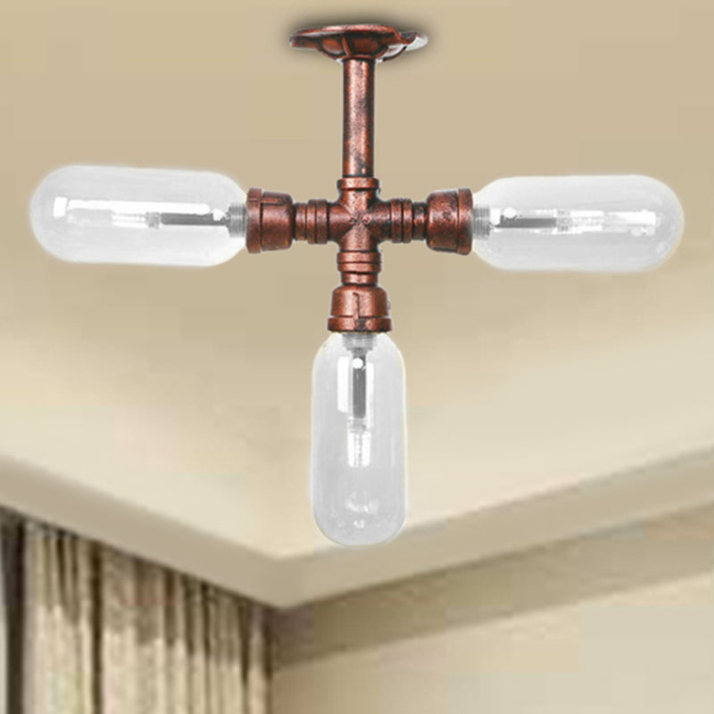 Industrial Weathered Copper Semi Mount Indoor Ceiling Light With Clear Glass And Pipe Design -
