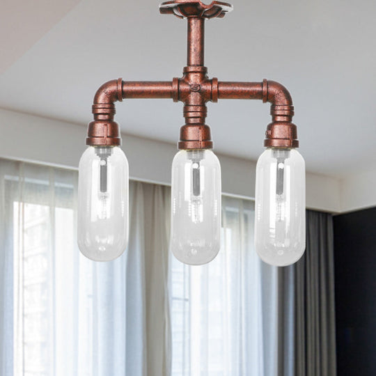 Industrial Weathered Copper Semi Mount Indoor Ceiling Light With Clear Glass And Pipe Design -