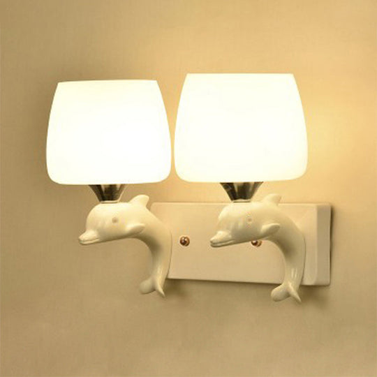 Contemporary Opal Glass Wall Light With Dolphin Decor - Tapered Shape 2 Bulbs White Lighting Fixture
