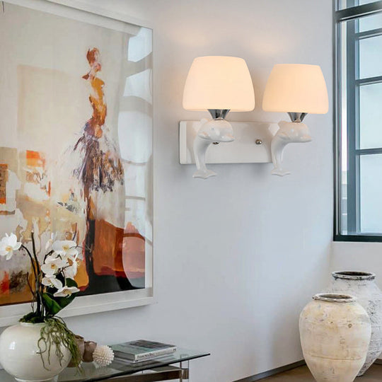 Contemporary Opal Glass Wall Light With Dolphin Decor - Tapered Shape 2 Bulbs White Lighting Fixture