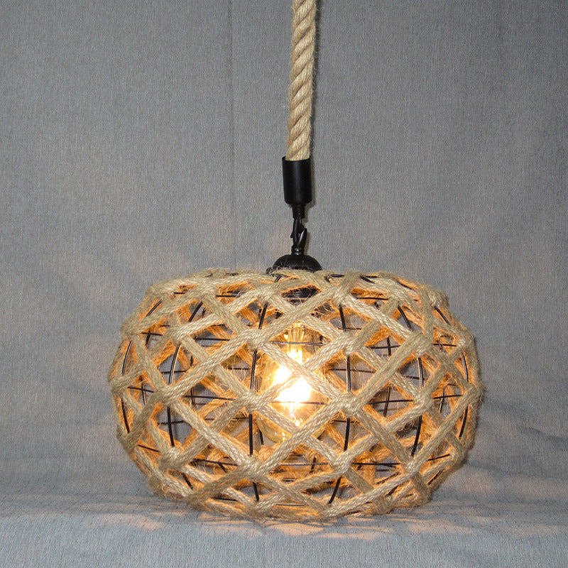 Beige Drum Ceiling Light With Industrial Hemp Rope & Ivy Decor - Single Pendant For Restaurants