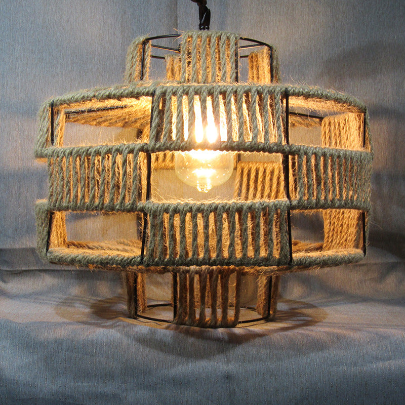Antique Hemp Rope Lantern Restaurant Pendant Light With Ivy Décor - 1-Light Beige Hanging Fixture