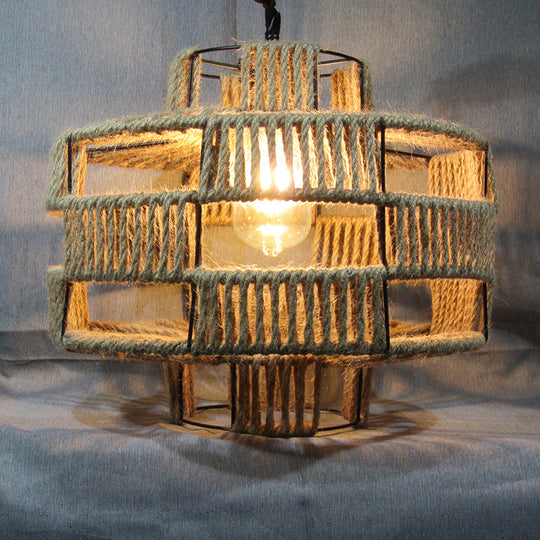 Antique Hemp Rope Lantern Restaurant Pendant Light With Ivy Décor - 1-Light Beige Hanging Fixture