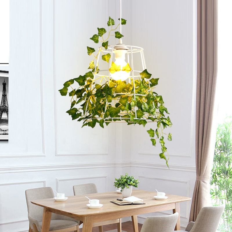 Iron Tapered Cage Pendant Ceiling Light With Decorative Ivy - Retro 1 Head Suspension Lighting For
