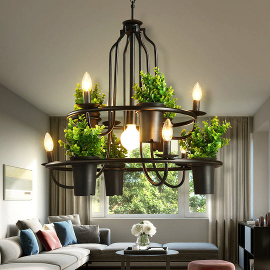 Vintage Iron 7-Light Candelabra Chandelier Pendant With Faux Potted Plant For Restaurants