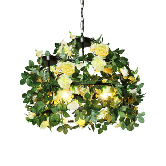 Geometric Vintage Chandelier With Artificial Plants - Metal Ceiling Light Fixture