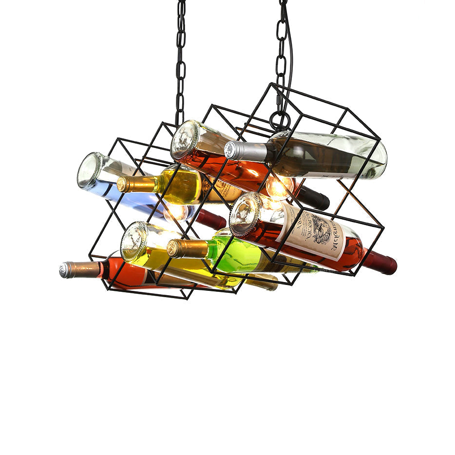 Industrial Cage Pendant Lamp With Exposed Bulb - Metal Black Chandelier Fixture (3 Light) Incl.