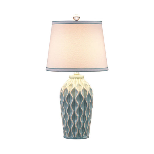 Nordic Style Fabric Conical Table Lamp With Pottery Decor - Single Nightstand Light Blue