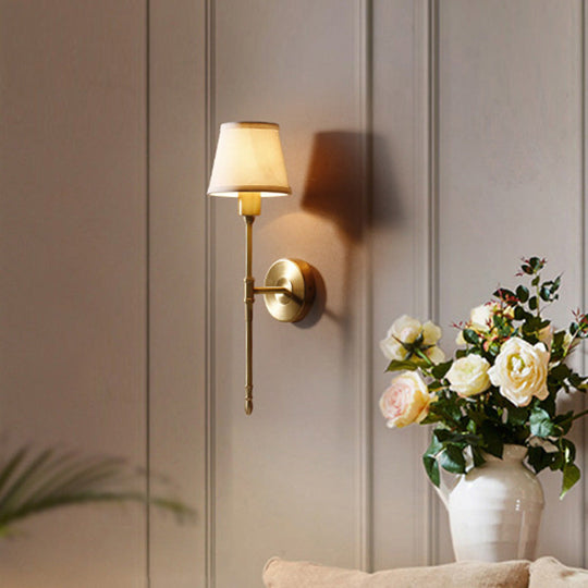Golden Fabric Wall Sconce With Elongated Arm For Simplistic Bedroom Lighting 1 / Gold