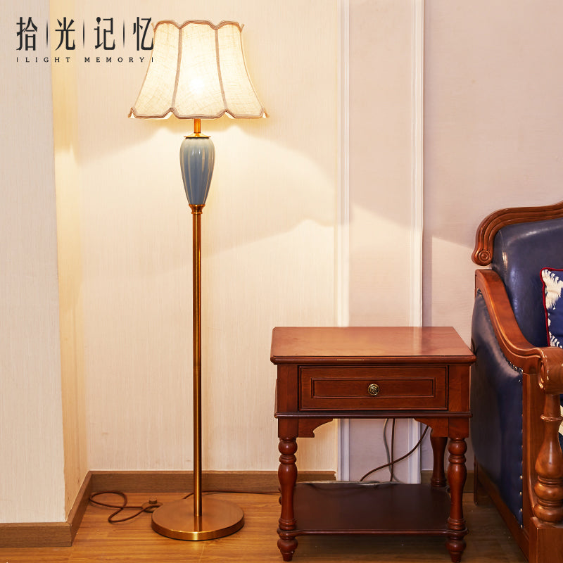 Classic Gold Fabric Floor Lamp With Tapered Shade - Ideal For Living Room / Ceramic C