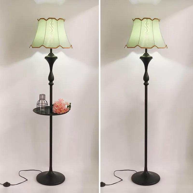 Traditional Bell Shaped Fabric Floor Lamp With Scalloped Trim For Living Room - Single-Bulb Standing