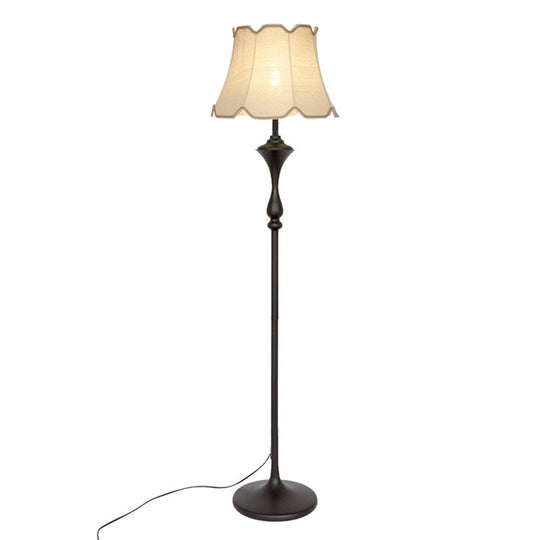 Traditional Bell Shaped Fabric Floor Lamp With Scalloped Trim For Living Room - Single-Bulb Standing