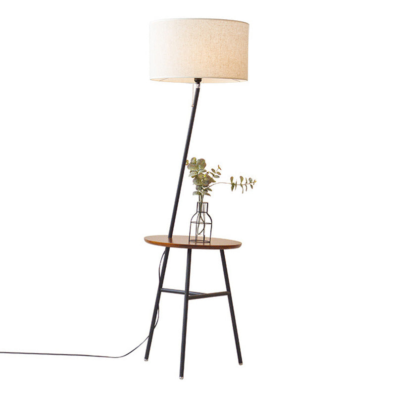 Classic Drum Shaped Fabric Floor Lamp With Tripod Tray - Perfect Living Room Lighting