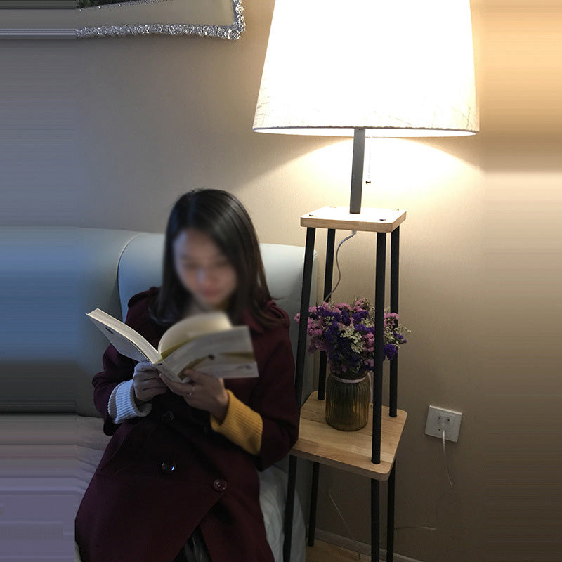 Traditional Fabric Tapered Drum Floor Lamp With 3-Layer Shelf In Black