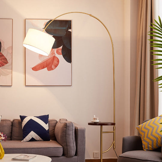 Minimalist Metallic Arched Floor Lamp With Drum Fabric Shade In Gold / C