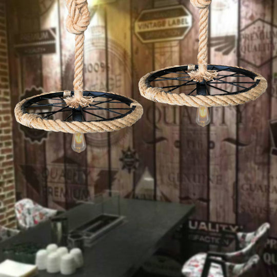 Industrial Exposed Bulb Hanging Light Kit - Metal & Rope Bedroom Pendant Black