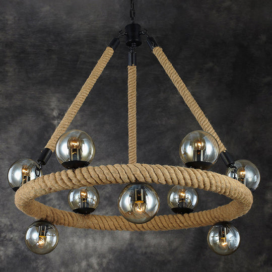 Industrial Black Metal 9-Bulb Ring Chandelier With Gray Glass Globe Shade