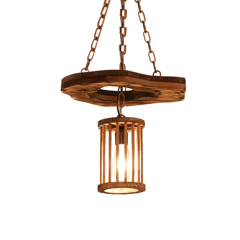 Factory Black Wooden Cylinder Pendant Light With Chain - 1 Hanging Fixture