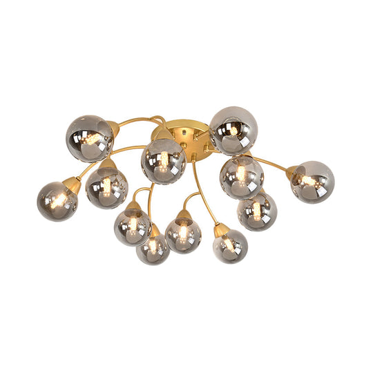 Modernist Amber/Smoky/Cream Glass Semi Flush Lamp With Grape Shape Led Lights - Gold Mount Fixture
