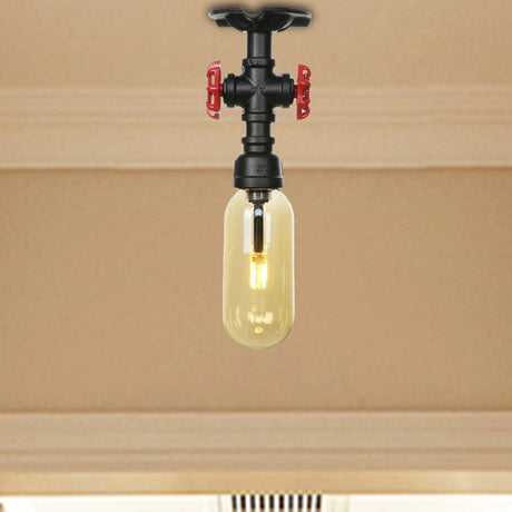 Industrial Black Amber Glass Semi Flush Light With Capsuled Shade & Pipe Design - Ceiling Mount