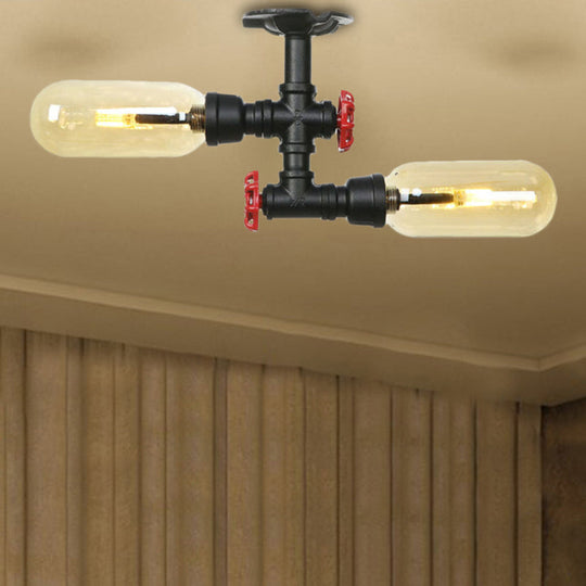 Rustic 2 - Bulb Amber Glass Semi Mount Ceiling Light In Matte Black - Dining Room Lighting With