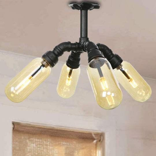 Rustic Amber Glass Ceiling Light With Semi - Flush Design - 4/5/6 Bulbs Matte Black Finish And Pipe